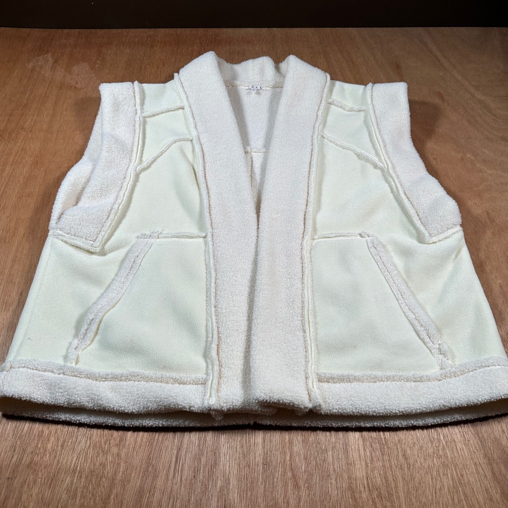 TCEC Faux Shearling Fleece Vest Womens M Cream Open Front Shawl Collar